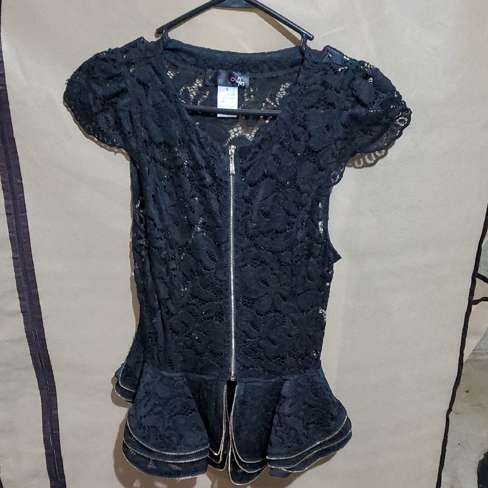 Oh Yes Lace Cap Sleeve Peplum Top Jacket Zipper Accents Black Small